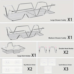 5pcs Shower Caddy w/ Soap Dish Holder, Hooks, Rust-Proof Wall-Mounted Organize
