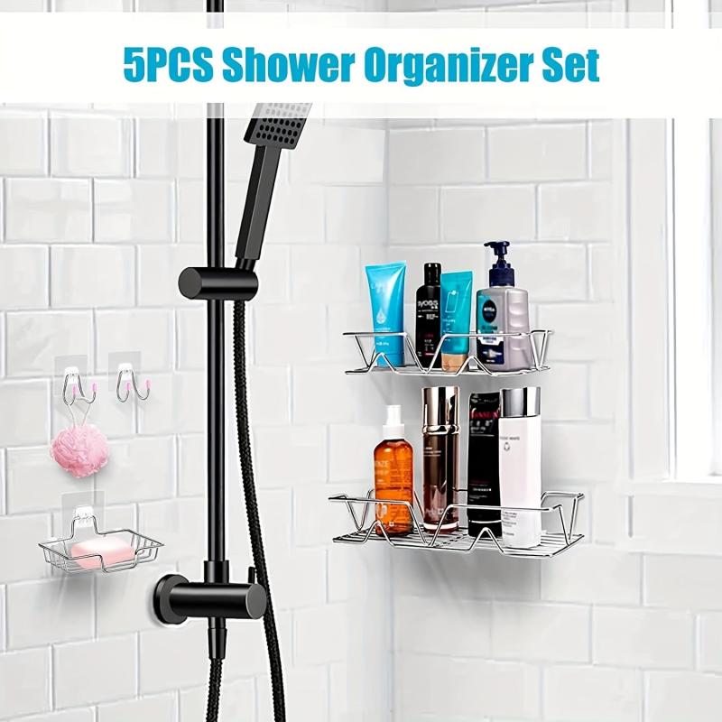 5pcs Shower Caddy w/ Soap Dish Holder, Hooks, Rust-Proof Wall-Mounted Organize