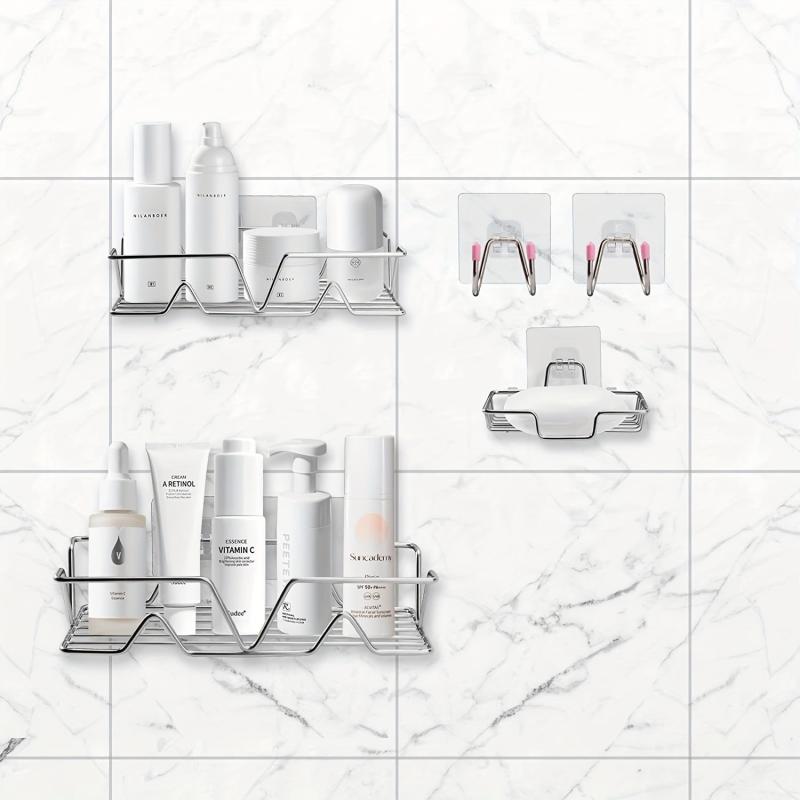 5pcs Shower Caddy w/ Soap Dish Holder, Hooks, Rust-Proof Wall-Mounted Organize