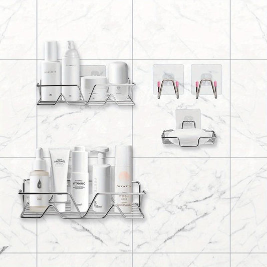 5pcs Shower Caddy w/ Soap Dish Holder, Hooks, Rust-Proof Wall-Mounted Organize
