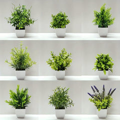 9 Mini Artificial Eucalyptus & Wheat Grass Plants for Home Decor & Office Desk