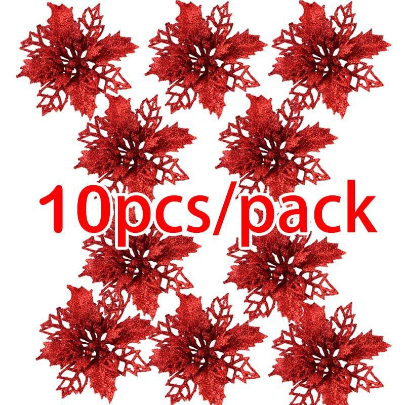 10pcs Glitter Flower Ornaments for Christmas Tree Decoration