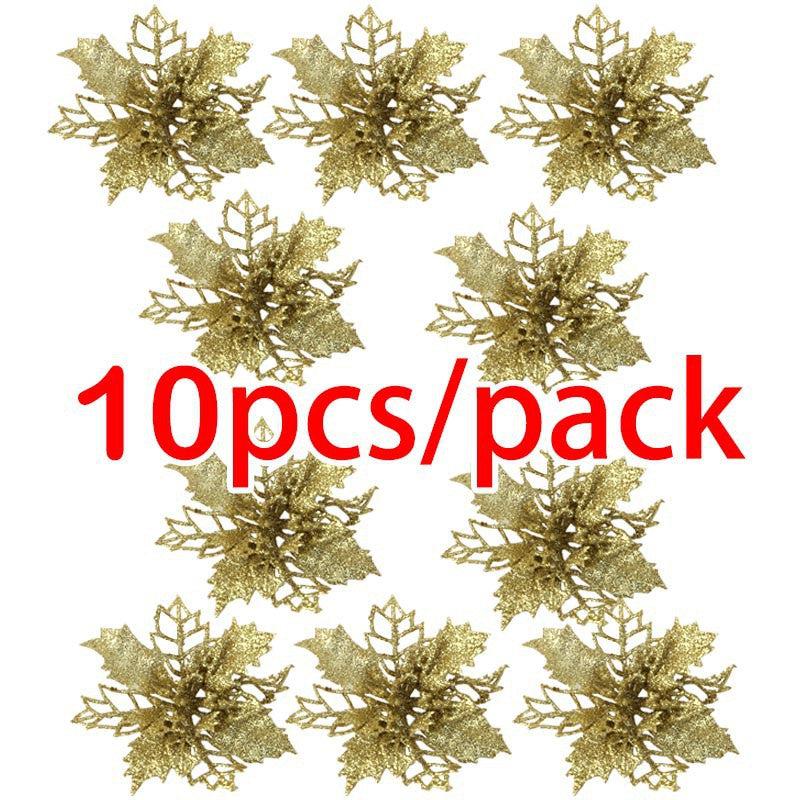 10pcs Glitter Flower Ornaments for Christmas Tree Decoration