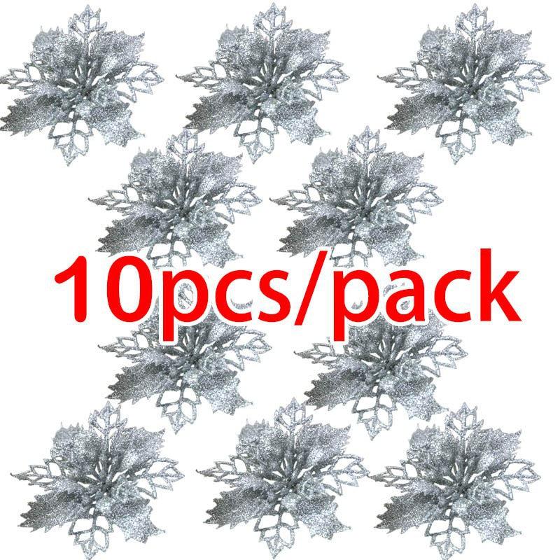 10pcs Glitter Flower Ornaments for Christmas Tree Decoration