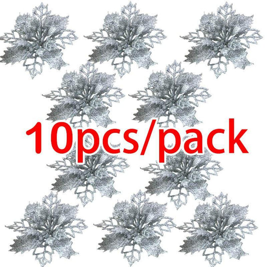 10pcs Glitter Flower Ornaments for Christmas Tree Decoration