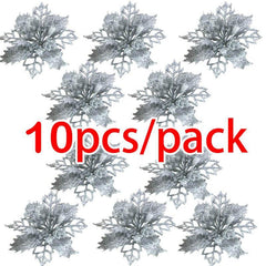 10pcs Glitter Flower Ornaments for Christmas Tree Decoration