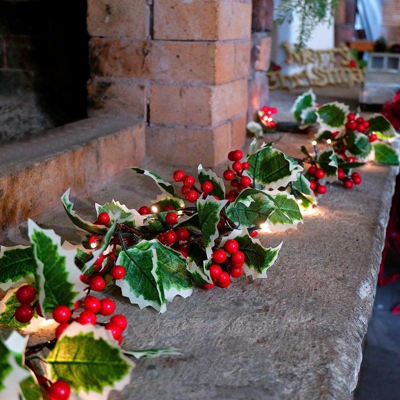 66 9inch Christmas Garland Pre lit Red Berries Holly Leaves Indoor Outdoor