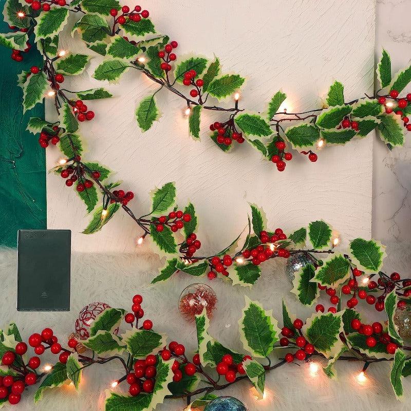 66 9inch Christmas Garland Pre lit Red Berries Holly Leaves Indoor Outdoor