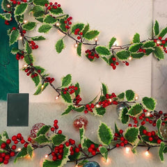 66 9inch Christmas Garland Pre lit Red Berries Holly Leaves Indoor Outdoor