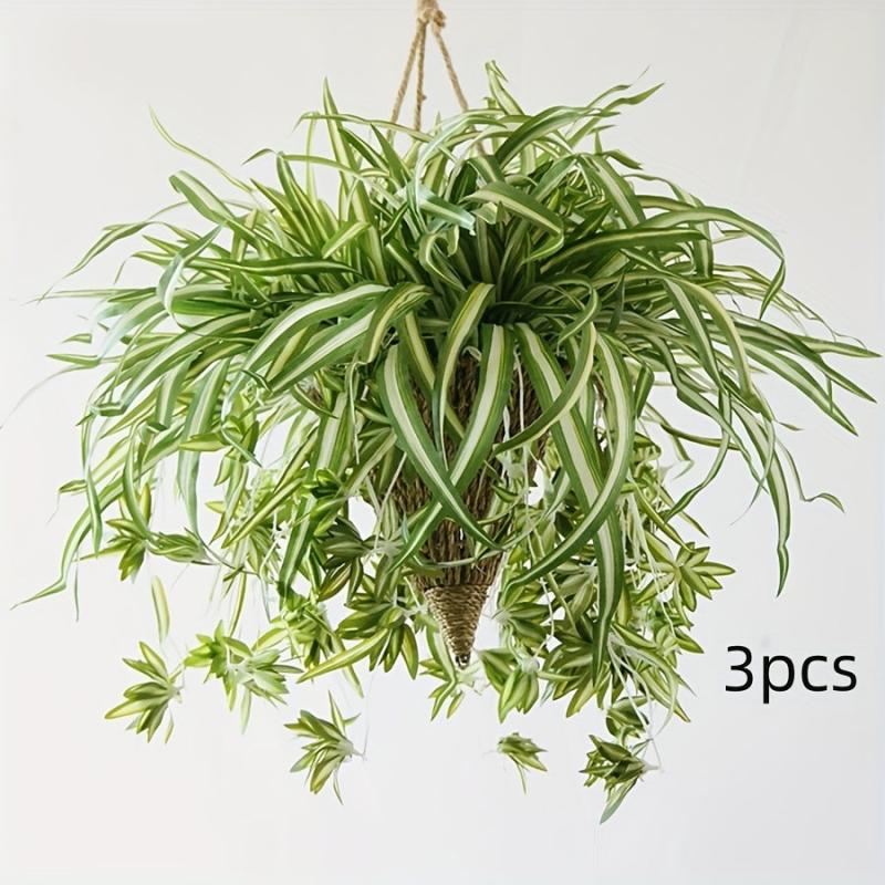 Artificial Chlorophytum Plant Hanging Basket Green Leaves Home Office