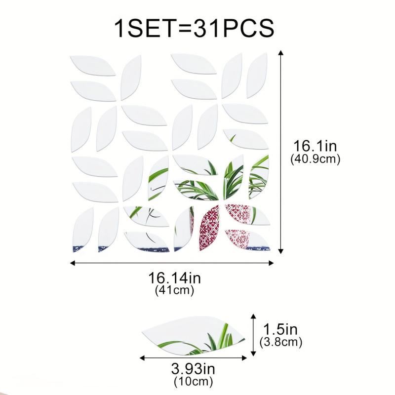 31pcs 3D Acrylic Mirror Wall Sticker Leaf Pattern Wall Decals Removable