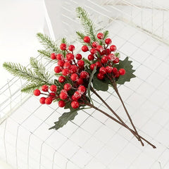 3pcs Christmas Berry Artificial Flowers Pine Grass Red Fruits Xmas Decor