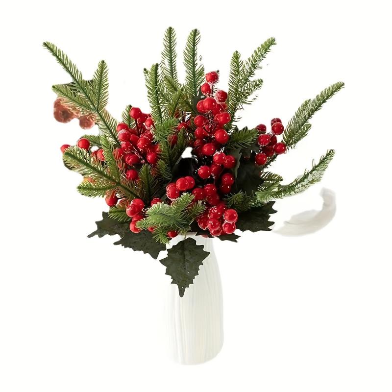 3pcs Christmas Berry Artificial Flowers Pine Grass Red Fruits Xmas Decor