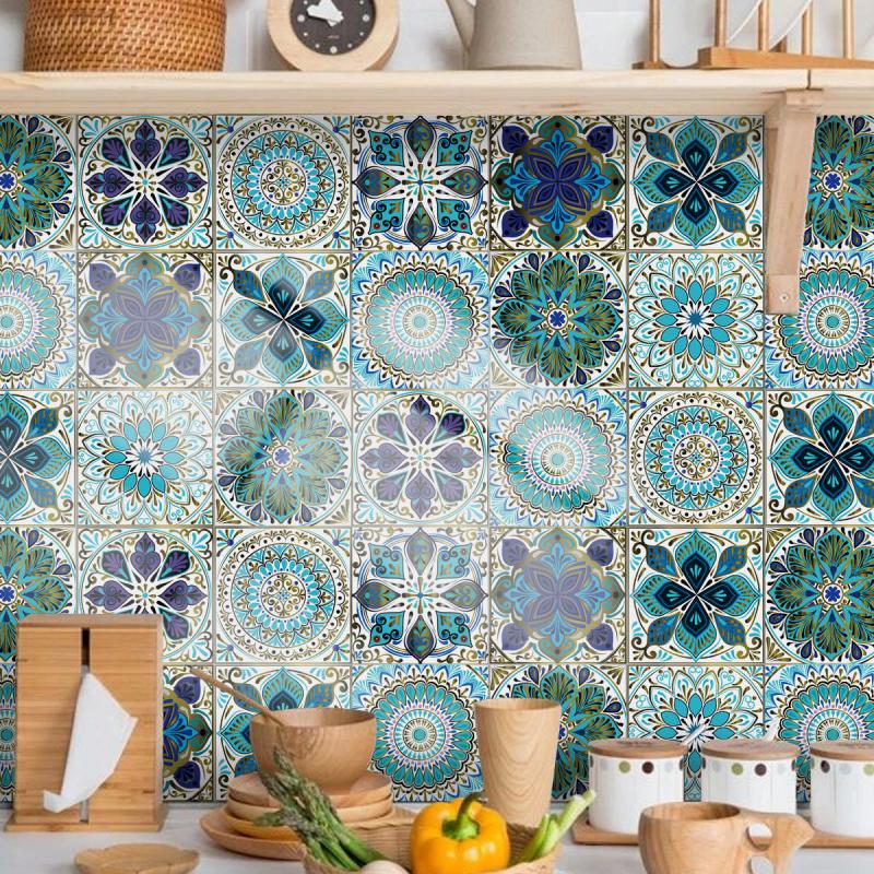 10pcs Retro Green Tile Sticker Waterproof Self Adhesive Wall Decor