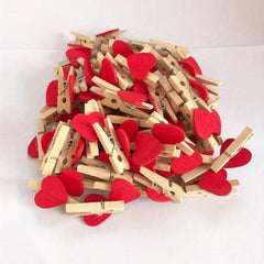 50pcs Red Heart Clips Wooden Clothes Photo Pegs Wedding Stationery Decor