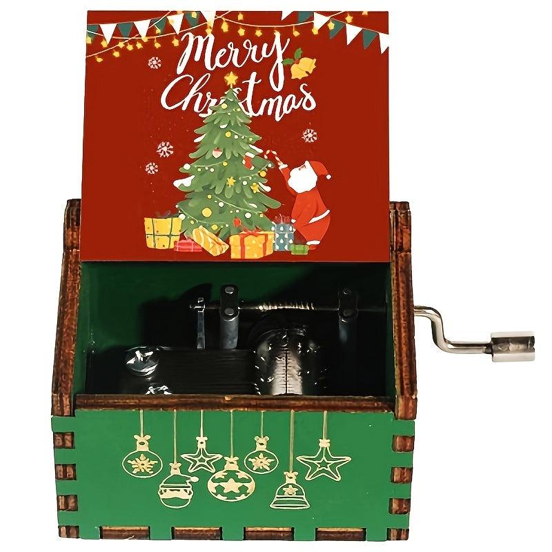 Christmas Music Box Hand Crank Laser Engraved Wood Red Elk Music Box