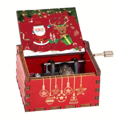 Christmas Music Box Hand Crank Laser Engraved Wood Red Elk Music Box