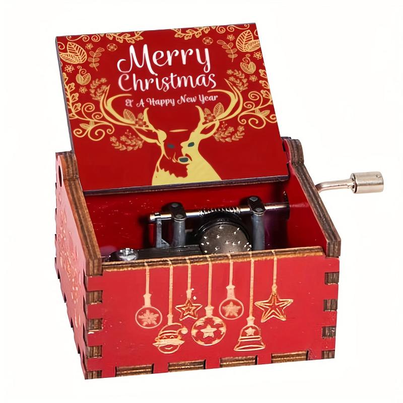 Christmas Music Box Hand Crank Laser Engraved Wood Red Elk Music Box