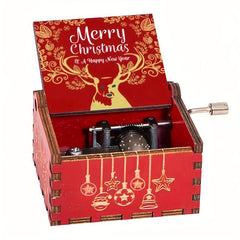 Christmas Music Box Hand Crank Laser Engraved Wood Red Elk Music Box