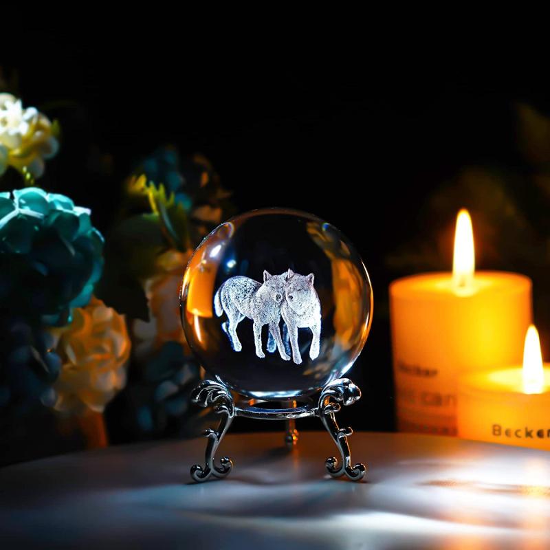 60mm Crystal Ball with Couple Wolves Engraved Glass Sphere