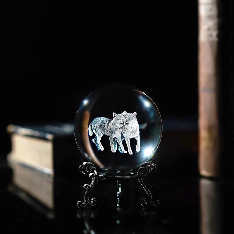 60mm Crystal Ball with Couple Wolves Engraved Glass Sphere