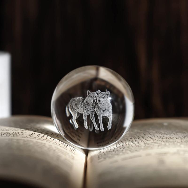 60mm Crystal Ball with Couple Wolves Engraved Glass Sphere