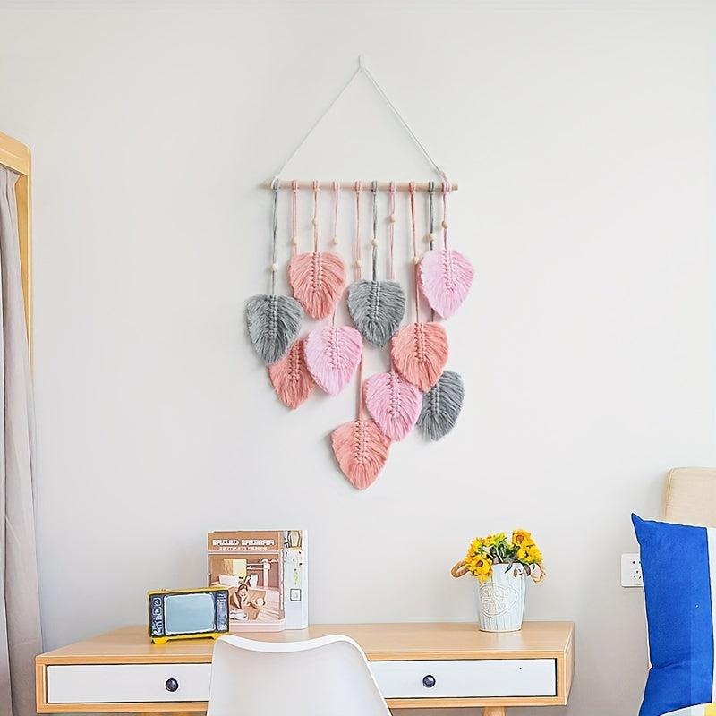 Bohemian Leaf Woven Ornament Tapestry with Tassel Feather Pendant