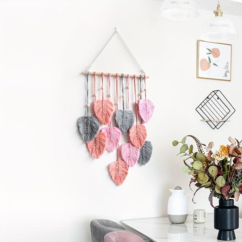 Bohemian Leaf Woven Ornament Tapestry with Tassel Feather Pendant