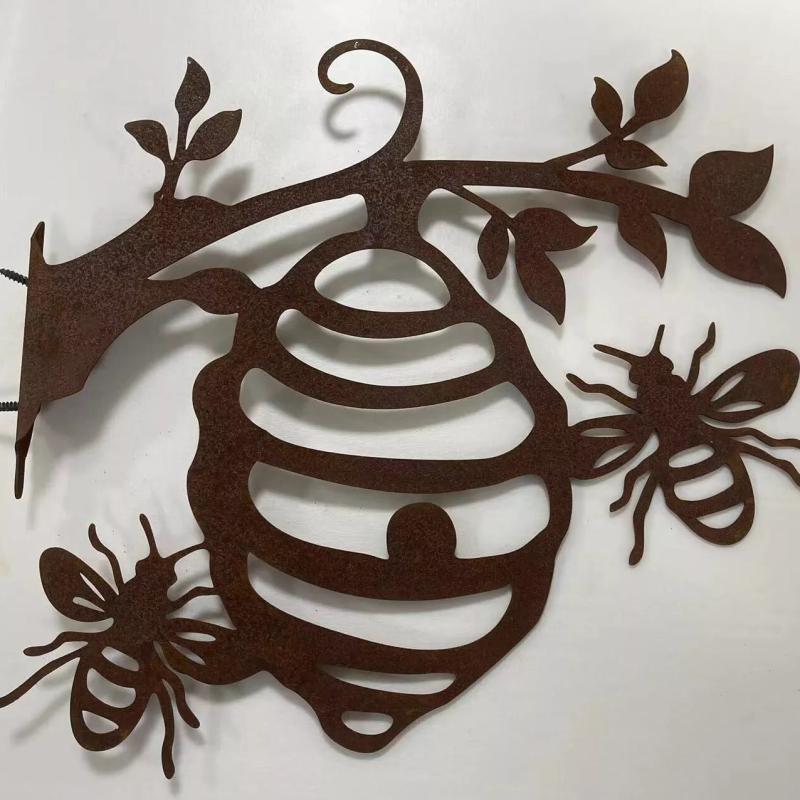 Rustic Bee Plant Stake Metal Garden Art for Farm and Outdoor Decor