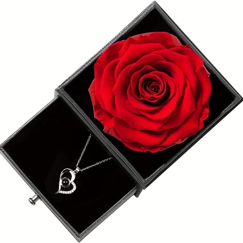 Preserved Real Rose & I Love You Necklace, Birthday Gift for Women Mom Her
