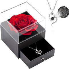 Preserved Real Rose & I Love You Necklace, Birthday Gift for Women Mom Her