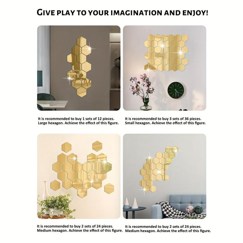 12pcs Hexagon Mirror Wall Stickers - DIY Removable Mirror Stickers For Walls