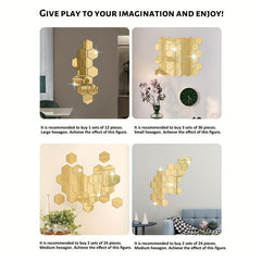 12pcs Hexagon Mirror Wall Stickers - DIY Removable Mirror Stickers For Walls