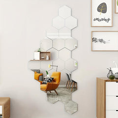 12pcs Hexagon Mirror Wall Stickers - DIY Removable Mirror Stickers For Walls