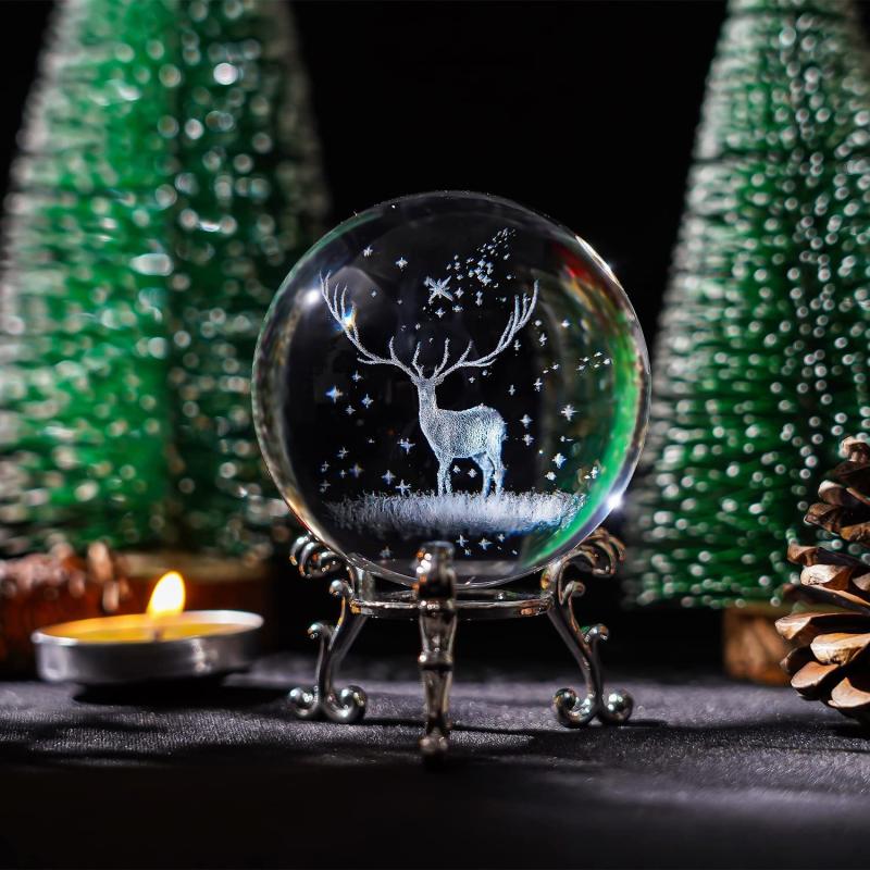 2.4in 3D Inner Carving Christmas Deer Crystal Ball Paperweight