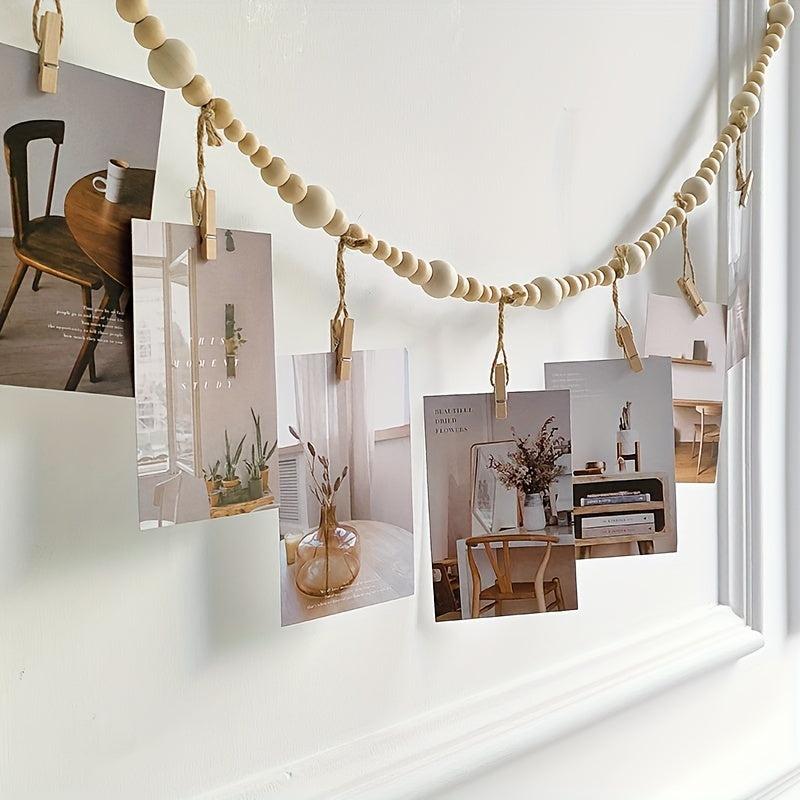 Boho Wood Bead Garland Photo Display with 7 Clips - Home Decor