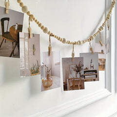 Boho Wood Bead Garland Photo Display with 7 Clips - Home Decor