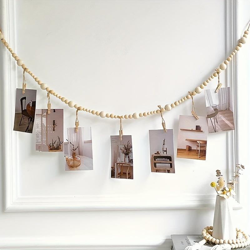 Boho Wood Bead Garland Photo Display with 7 Clips - Home Decor