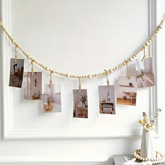 Boho Wood Bead Garland Photo Display with 7 Clips - Home Decor