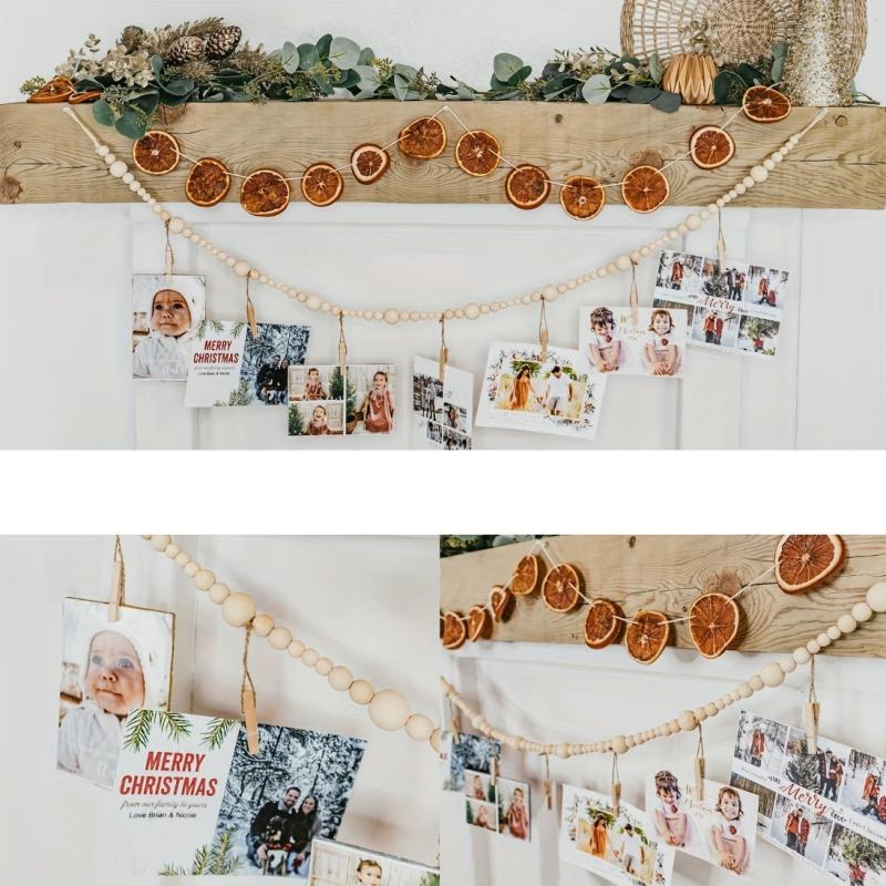 Boho Wood Bead Garland Photo Display with 7 Clips - Home Decor