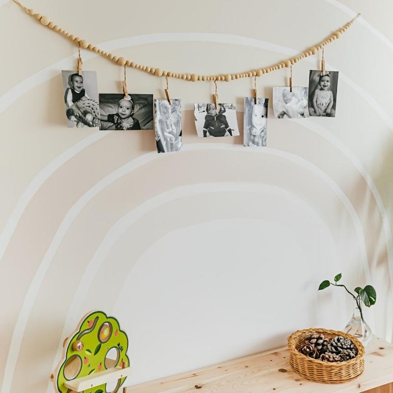Boho Wood Bead Garland Photo Display with 7 Clips - Home Decor
