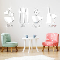 17-Piece Kitchen Wall Decor Acrylic Mirror Stickers - DIY 3D Mirror Decal