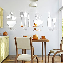 17-Piece Kitchen Wall Decor Acrylic Mirror Stickers - DIY 3D Mirror Decal