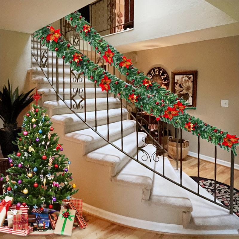 Pre-lit Christmas Garland 274 Green w/ Red Flower LED Lights