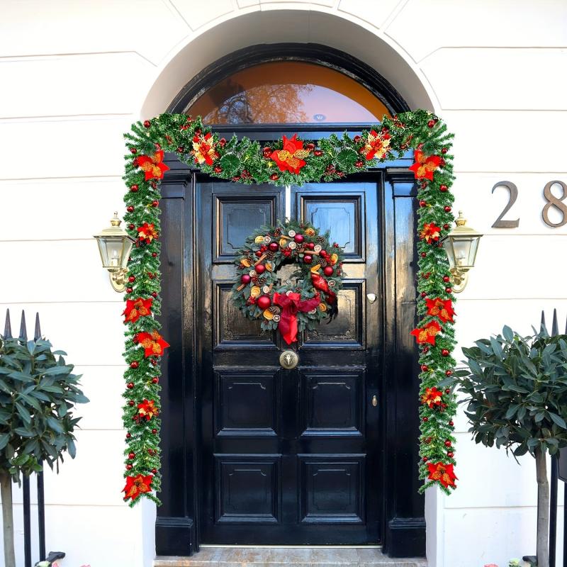 Pre-lit Christmas Garland 274 Green w/ Red Flower LED Lights