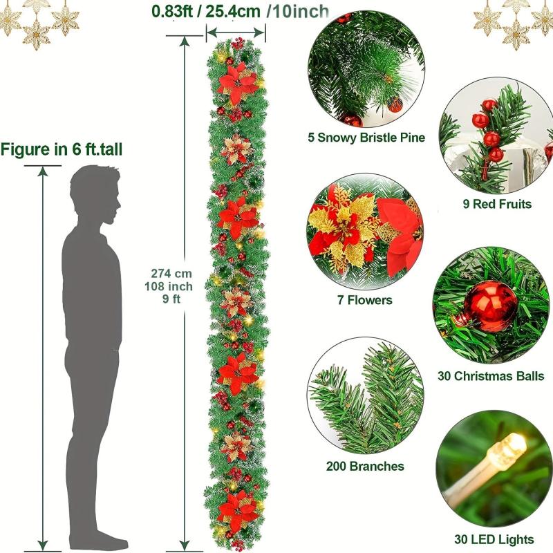 Pre-lit Christmas Garland 274 Green w/ Red Flower LED Lights