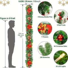 Pre-lit Christmas Garland 274 Green w/ Red Flower LED Lights