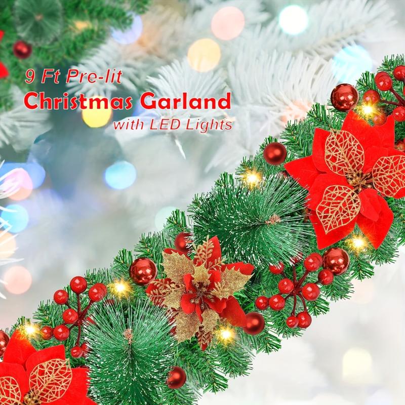 Pre-lit Christmas Garland 274 Green w/ Red Flower LED Lights