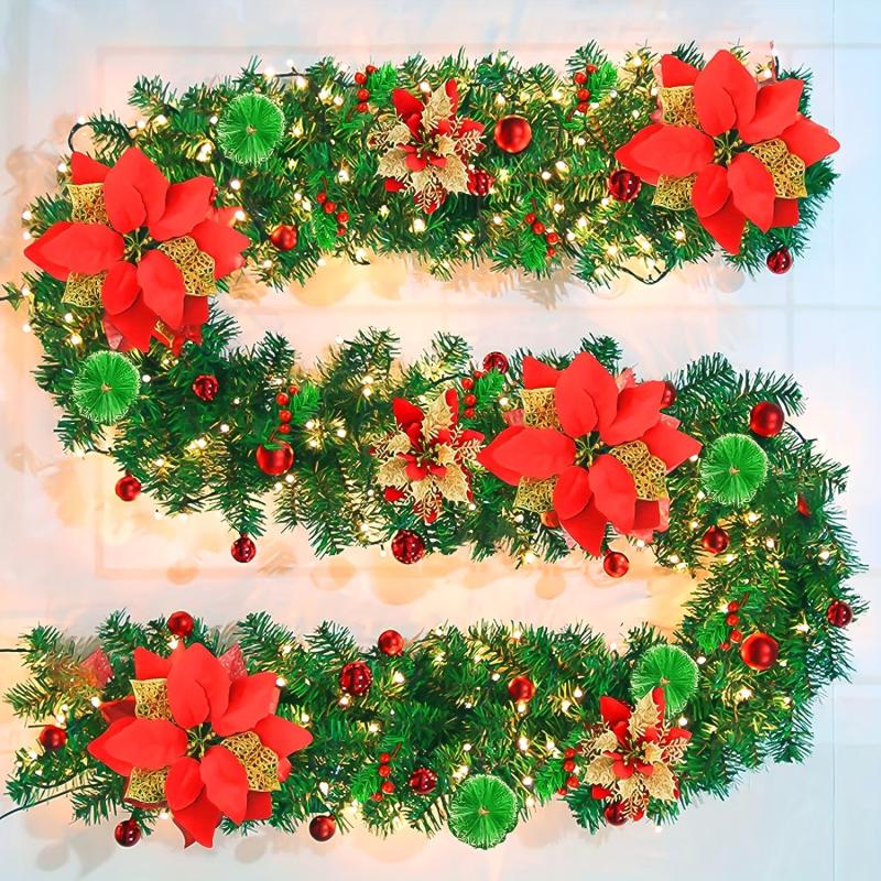 Pre-lit Christmas Garland 274 Green w/ Red Flower LED Lights