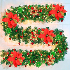 Pre-lit Christmas Garland 274 Green w/ Red Flower LED Lights